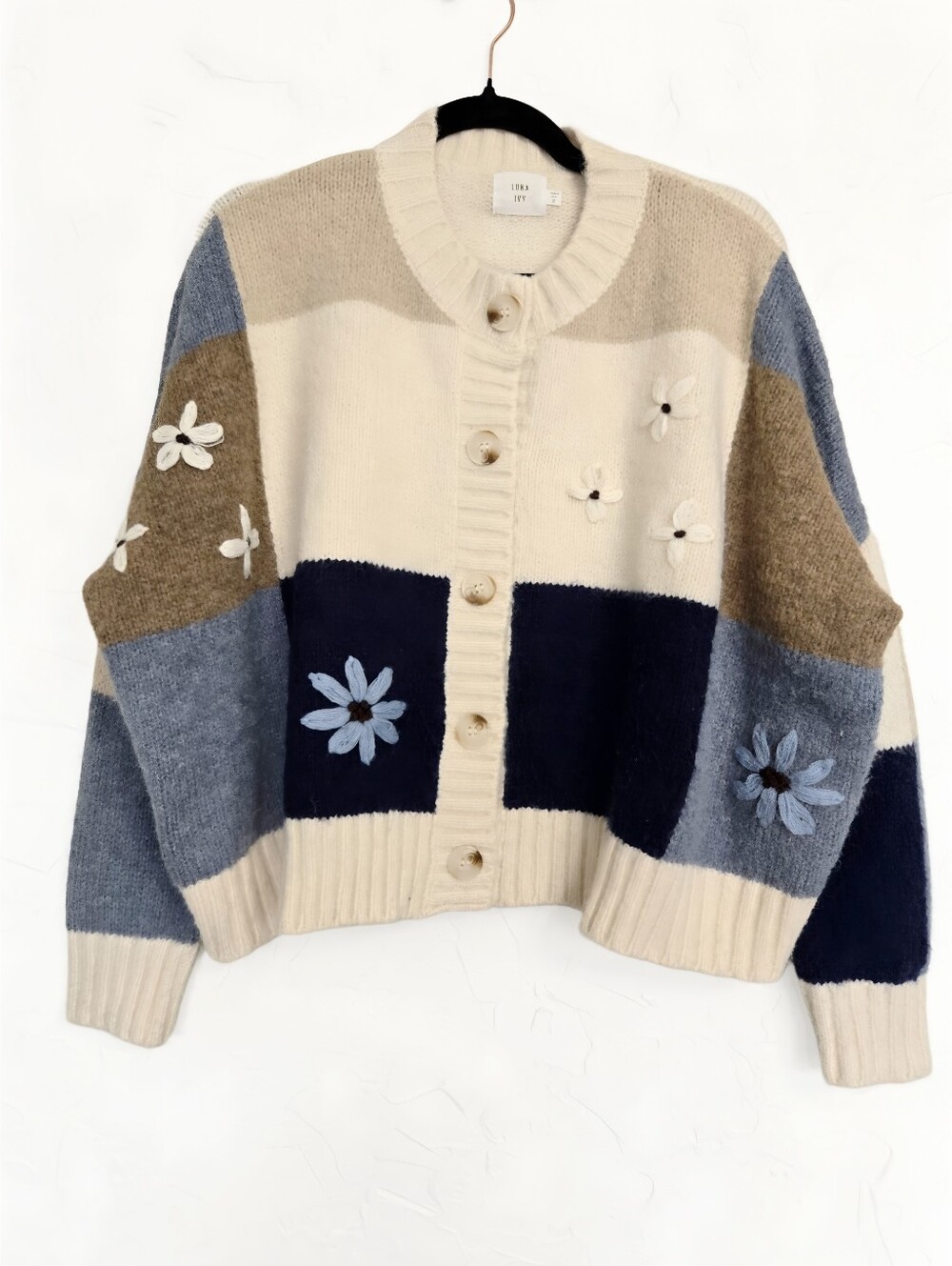 Luna Ivy Patchwork Floral Embroidered Blue Cream Oversized Sweater, M